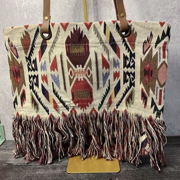 Ray L A Boho TapestryTote Bag Fringe Woven Tapestry Large Shoulder Purse - Picture 2 of 9